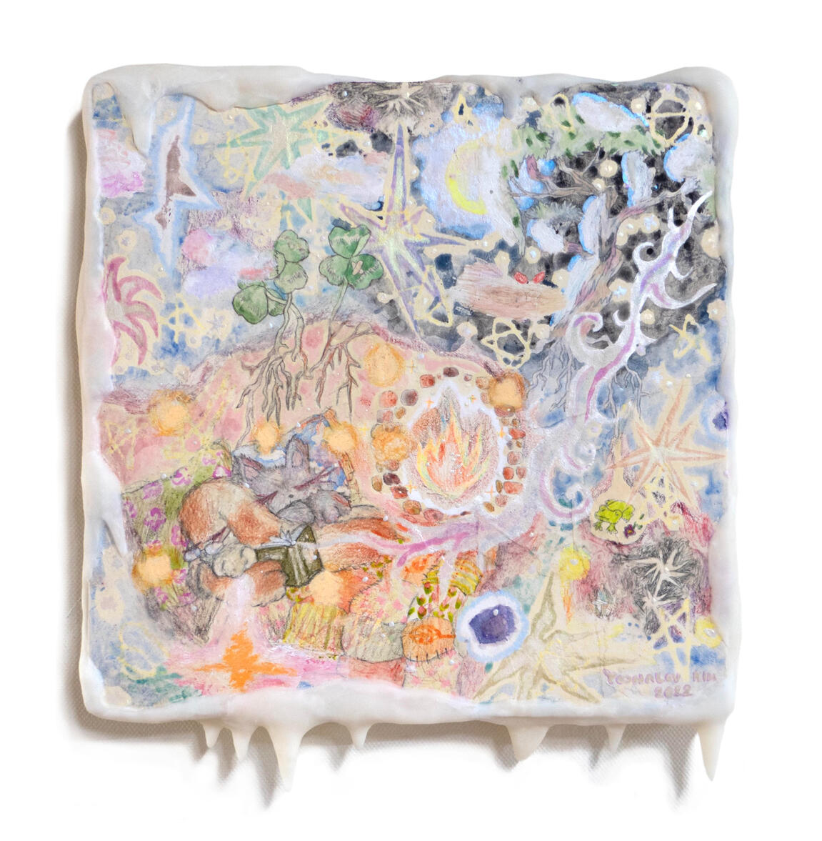 🌟 Let's live in a warm house, 32 x 29cm, Mixed media on panel, 2023